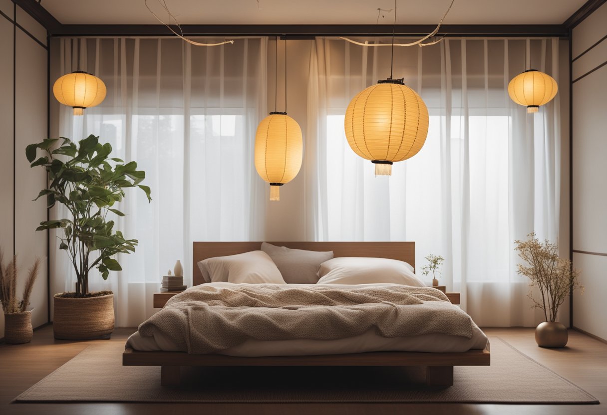 A cozy, minimalist bedroom with traditional Korean elements, such as a low platform bed, paper lanterns, and delicate floral patterns