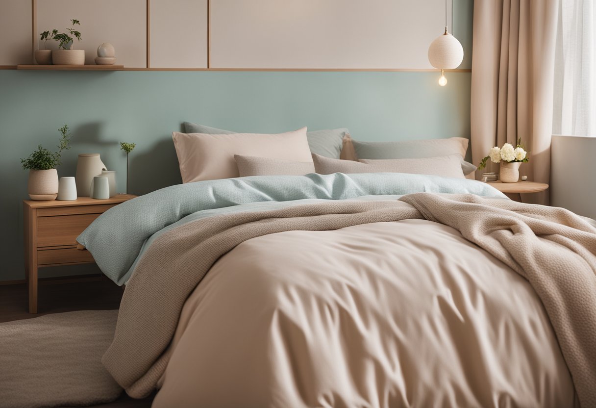 A cozy Korean bedroom with soft, pastel-colored bedding, decorative pillows, and a low, wooden bedside table with a small lamp