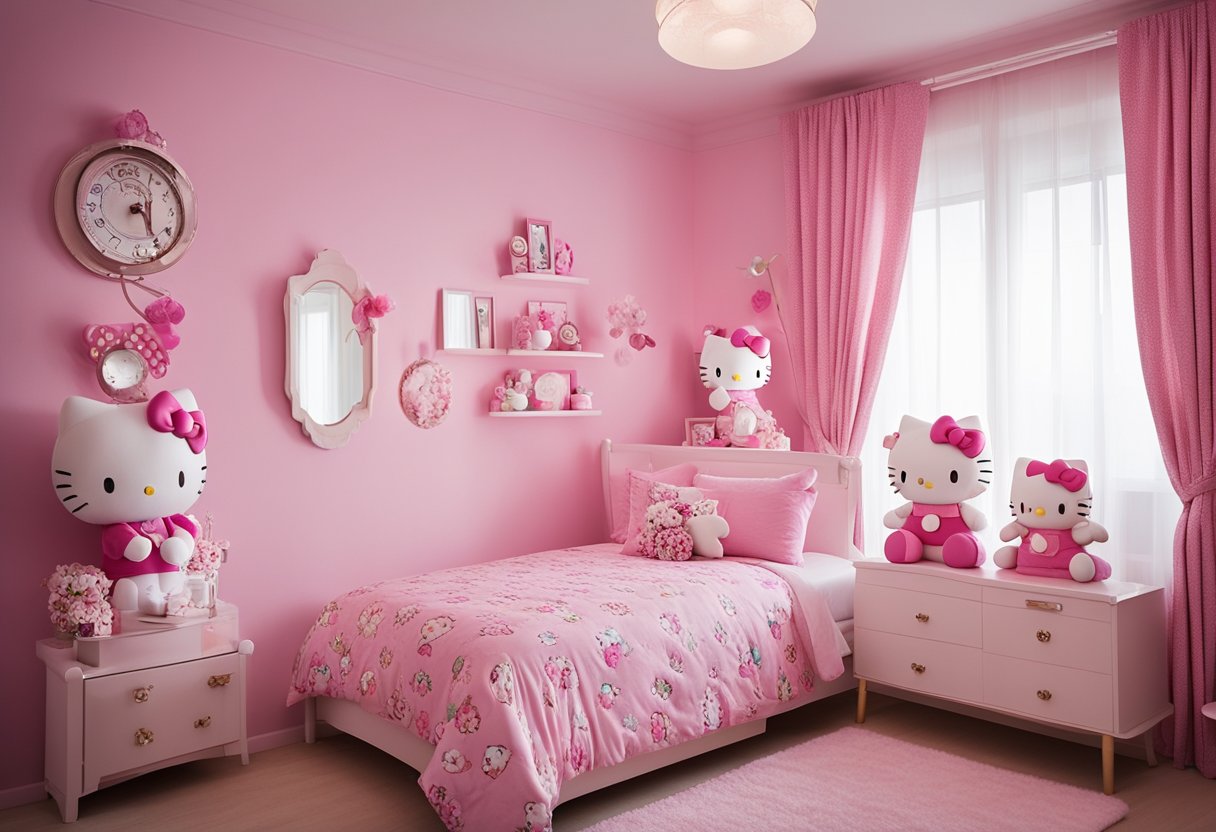 A bedroom filled with Hello Kitty-themed decor, from the bedspread to the wall art and even the plush toys