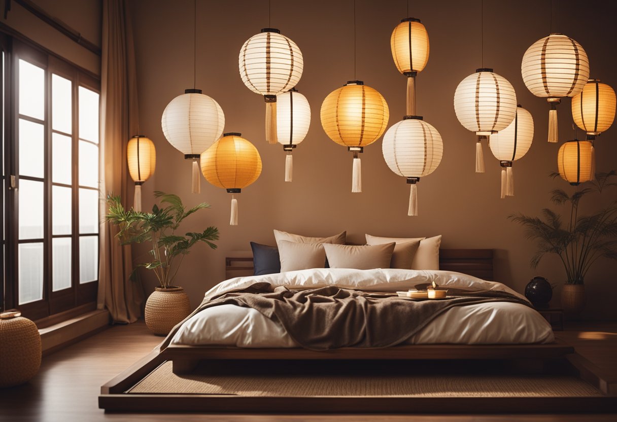 A cozy Korean bedroom with low platform bed, paper lanterns, traditional patterns, and warm earthy tones