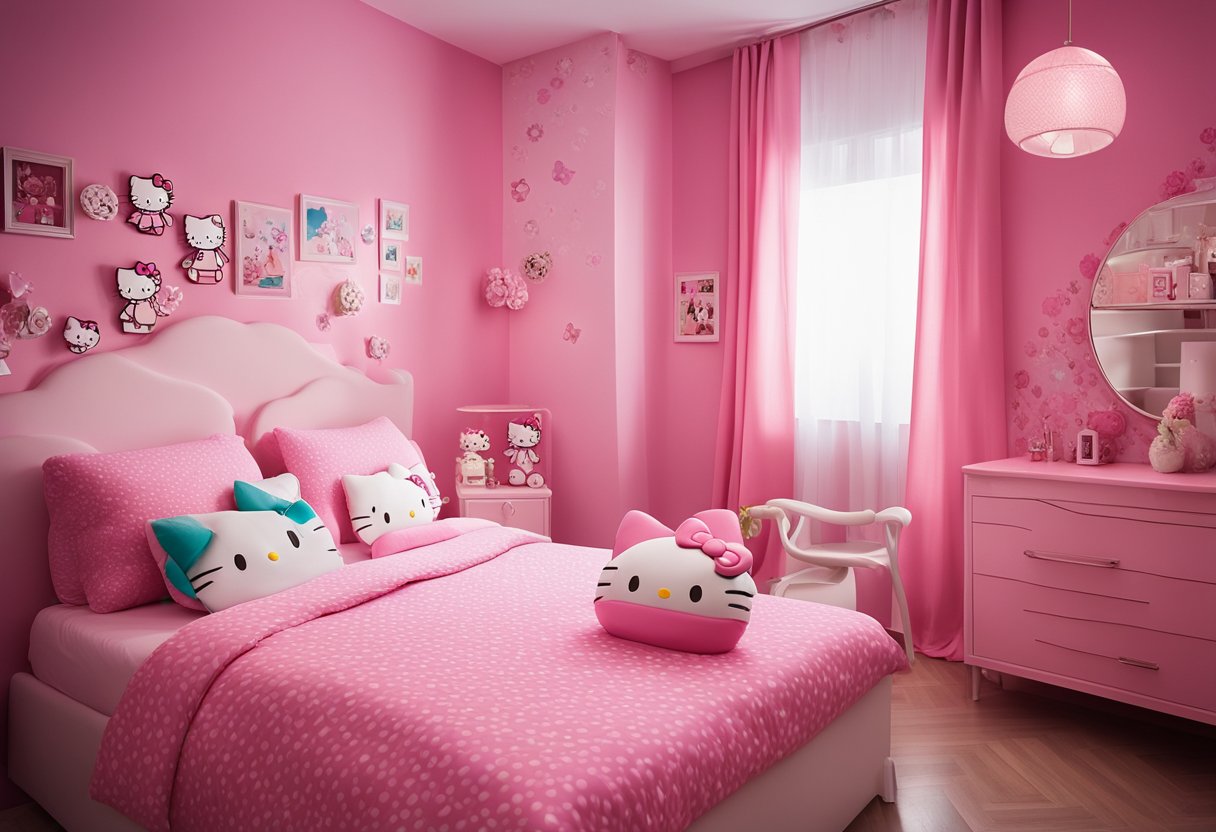 A cozy bedroom with Hello Kitty-themed decor, including pink walls, a bed with Hello Kitty bedding, and cute wall decals of the iconic character