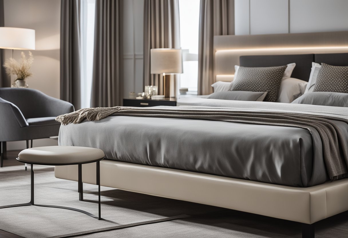 A modern bedroom with sleek furniture sets in neutral tones, featuring a platform bed, matching nightstands, and a stylish dresser with a large mirror