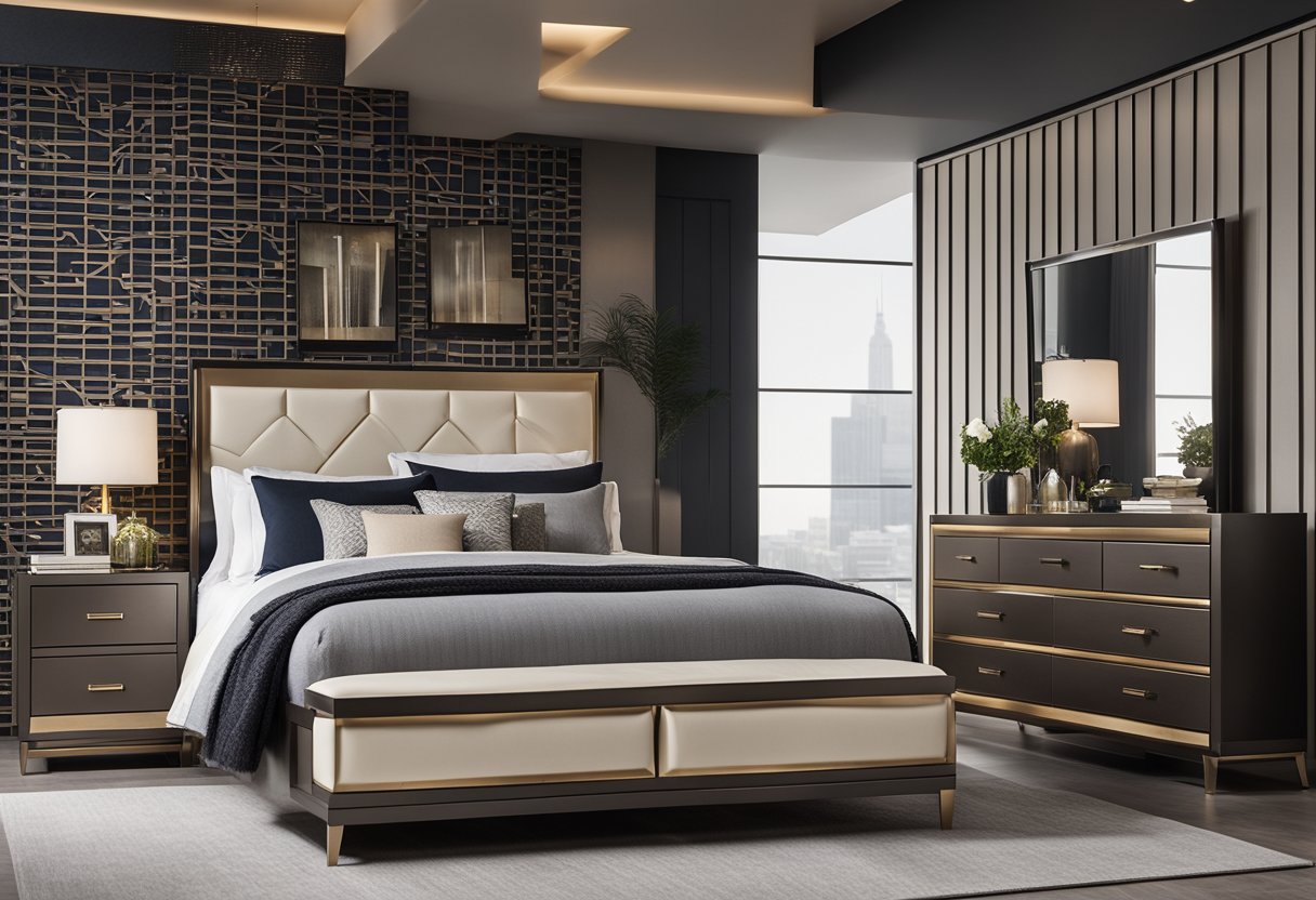 A modern bedroom set with a sleek platform bed, matching nightstands, and a stylish dresser with a large mirror. The color scheme is neutral with pops of metallic accents