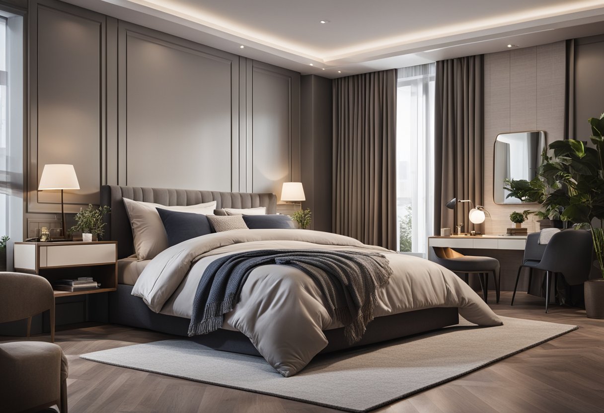 A cozy bedroom with modern furniture sets in a stylish and comfortable arrangement