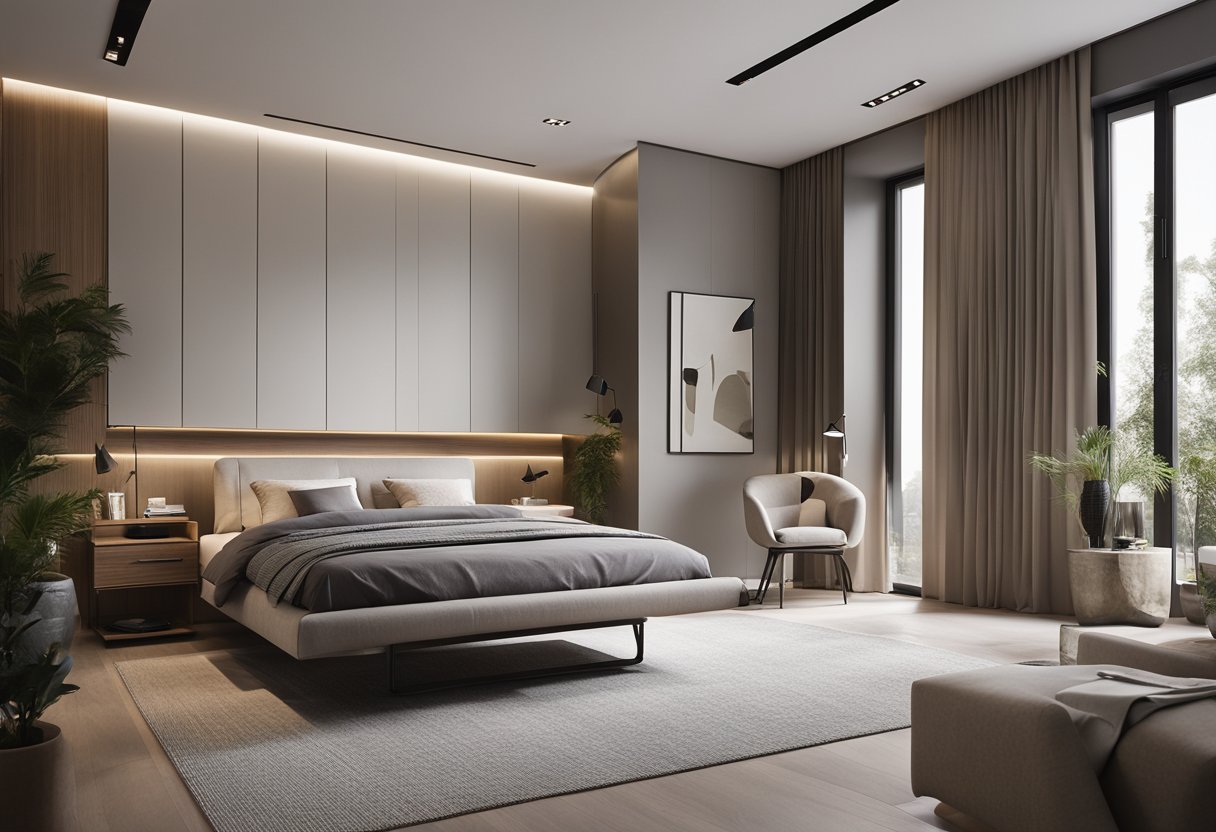A modern bedroom with sleek furniture sets arranged neatly, with clean lines and minimalistic design. The room is well-lit with natural light, creating a sense of spaciousness and tranquility