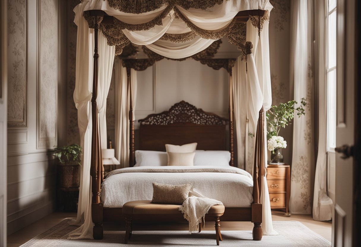 A cozy bedroom with a four-poster bed, floral patterned curtains, antique wooden furniture, and a soft, neutral color scheme