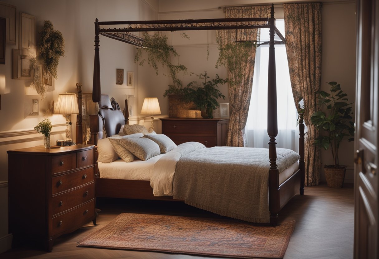 A cozy bedroom with a four-poster bed, floral patterned curtains, and a vintage rug underfoot. A wooden dresser and nightstand complete the traditional decor