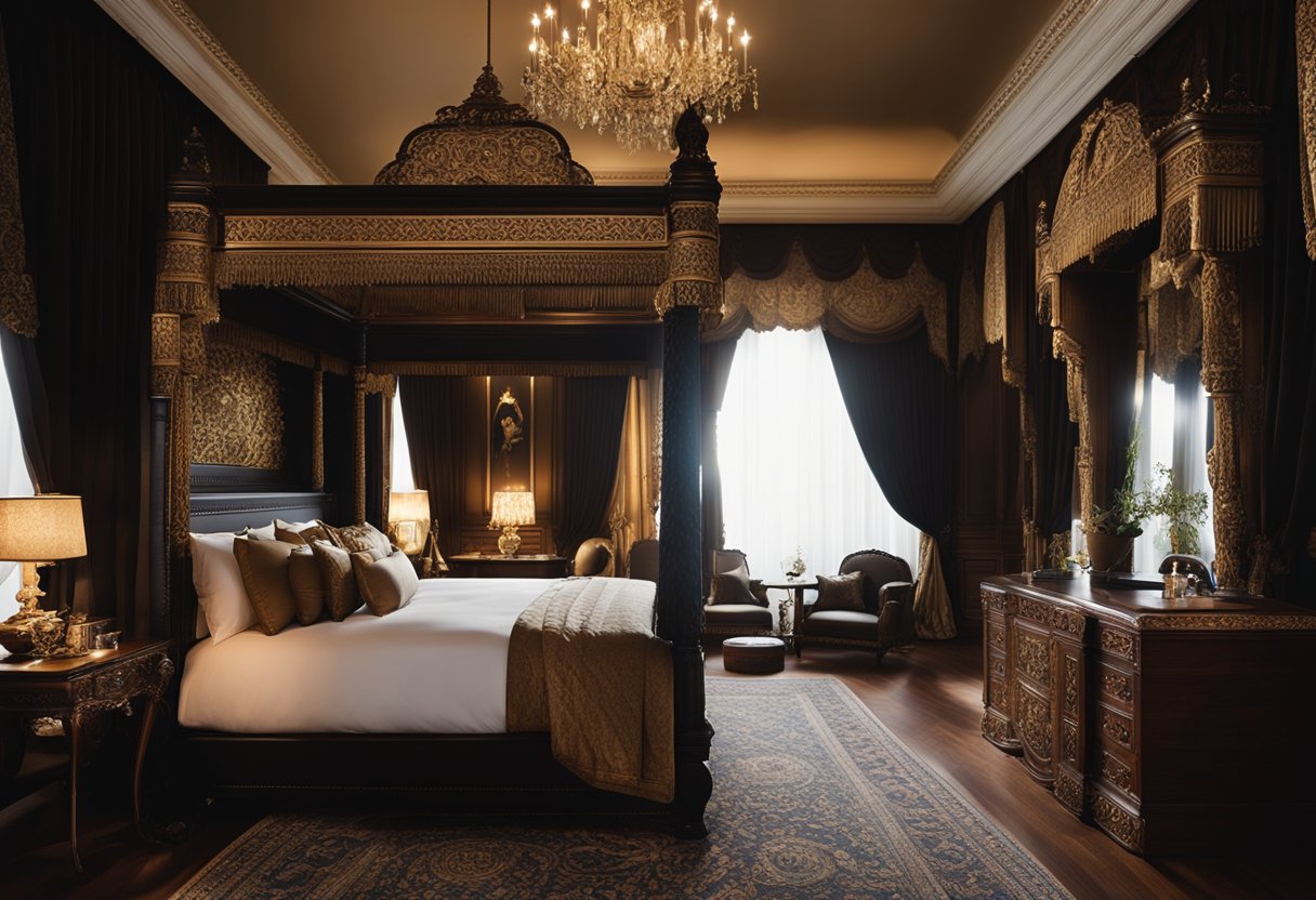 A grand four-poster bed with rich, ornate carvings sits in the center of the room, surrounded by plush velvet curtains and a decadent chandelier overhead. Rich, dark wood furniture and luxurious textiles complete the opulent space