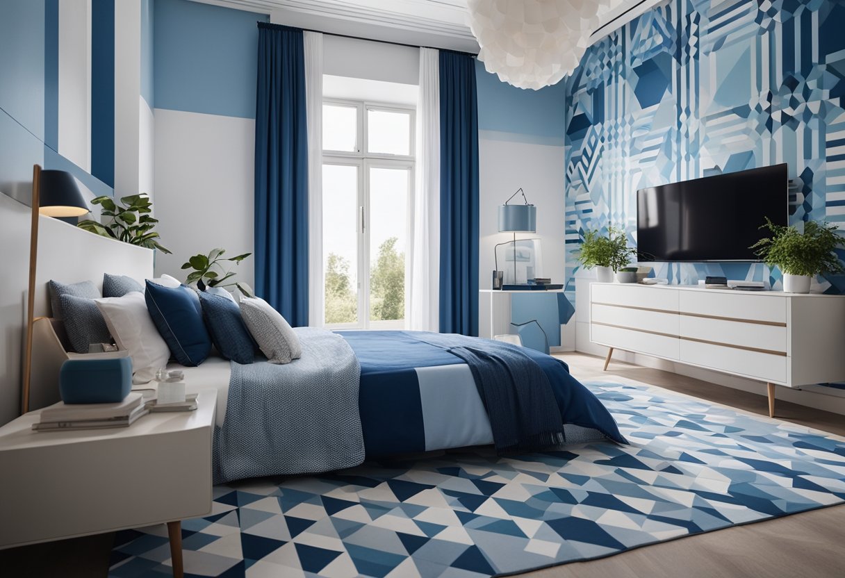 A bedroom with a geometric pattern painted on the walls in various shades of blue and white, creating a modern and calming atmosphere