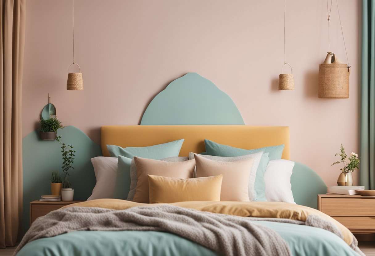 A cozy bedroom with soft pastel walls, complemented by warm neutral accents and pops of vibrant color