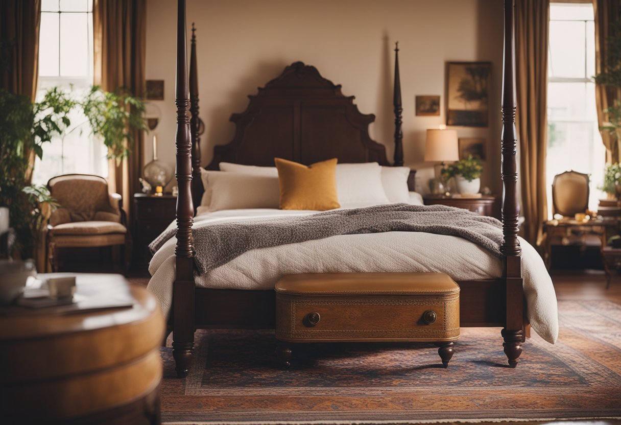 A cozy bedroom with classic furniture and warm colors, featuring a four-poster bed, a vintage dresser, and a floral patterned rug