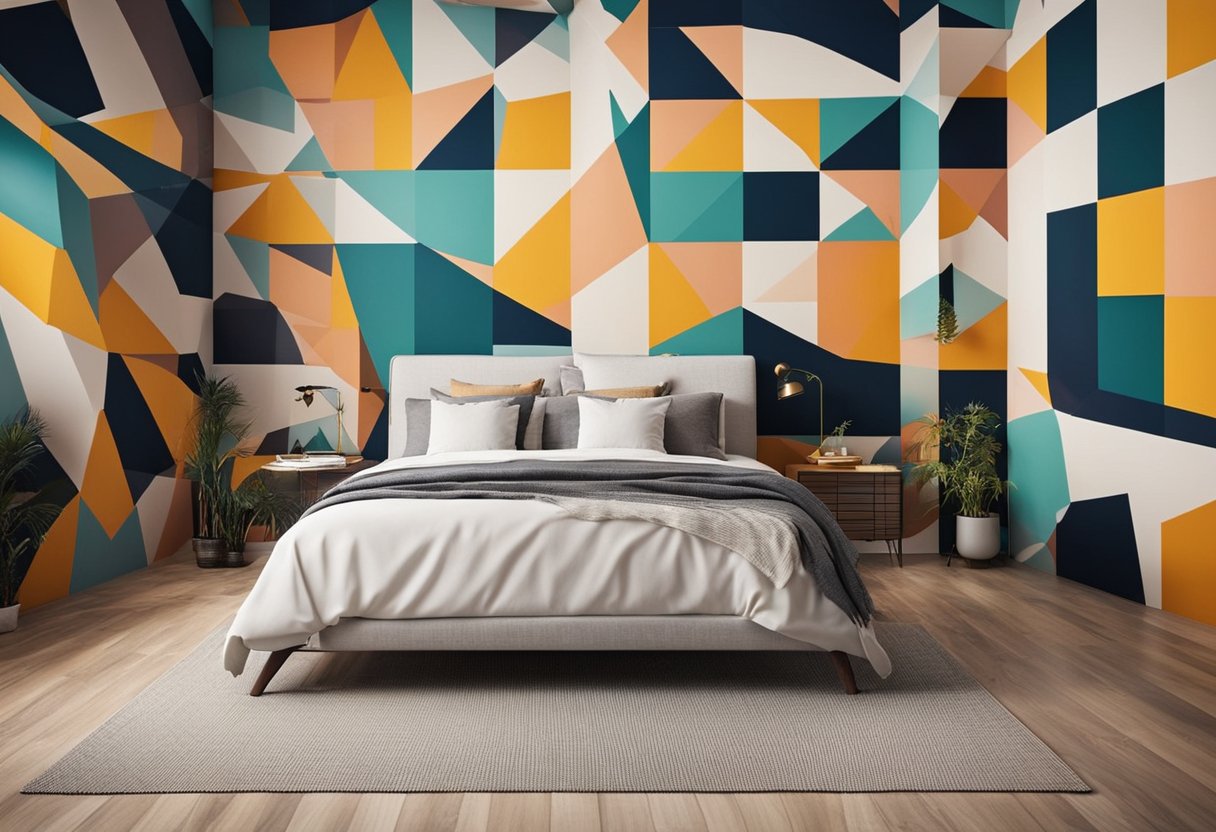 A bedroom with bold, geometric patterns painted on the walls in vibrant colors, creating a modern and artistic atmosphere