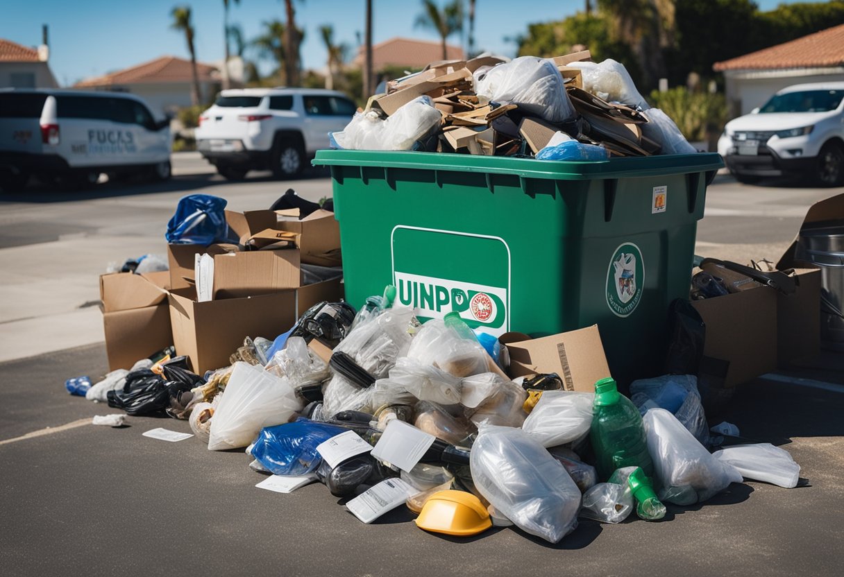 A neatly organized pile of junk sits curbside, labeled with a Newport Beach Junk Pickup sticker. Nearby, a recycling bin and trash can are placed according to regulations