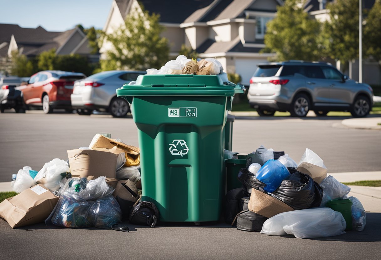 A neatly organized pile of junk sits on the curb, ready for pickup. A trash bin and recycling bin are placed nearby, with a clear path for easy access