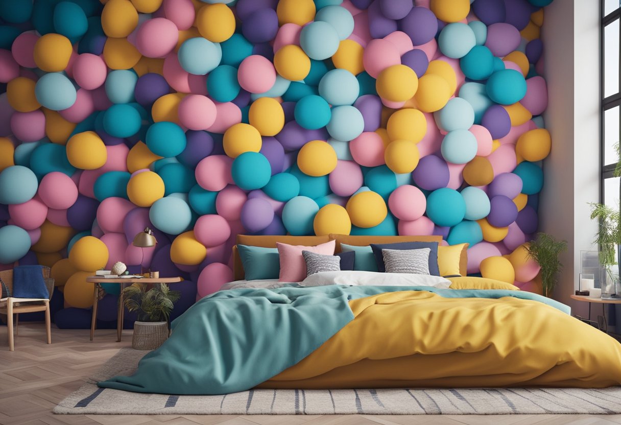 A bedroom with a wall painted in a colorful "Frequently Asked Questions" design