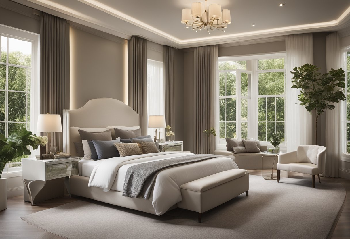A spacious ensuite bedroom with a luxurious king-sized bed, elegant bedside tables, soft lighting, and a large window overlooking a serene garden