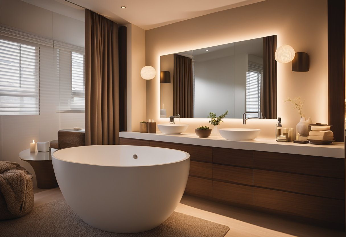 Soft, warm lighting casts a gentle glow on the rich, earthy tones of the ensuite bedroom. The colors create a cozy, inviting ambience, perfect for relaxation