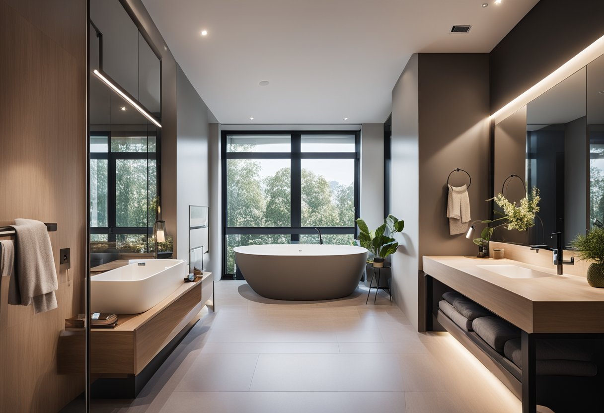 An ensuite bedroom with modern furnishings, a cozy bed, and a spacious bathroom. Bright natural light streams in through large windows, illuminating the room
