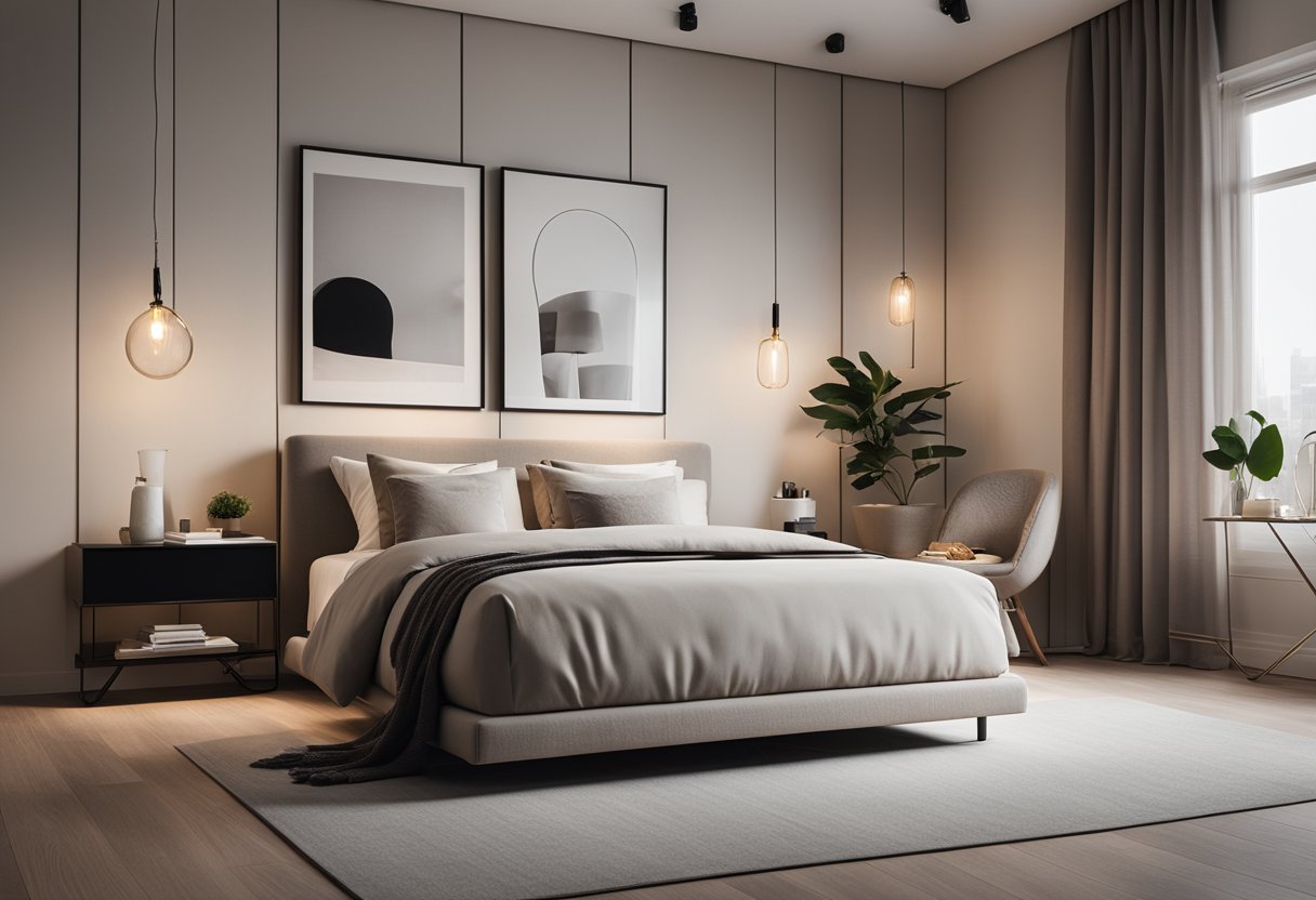 A modern, minimalist bedroom with a cozy bed, sleek furniture, and soft lighting. A neutral color palette with pops of vibrant accents