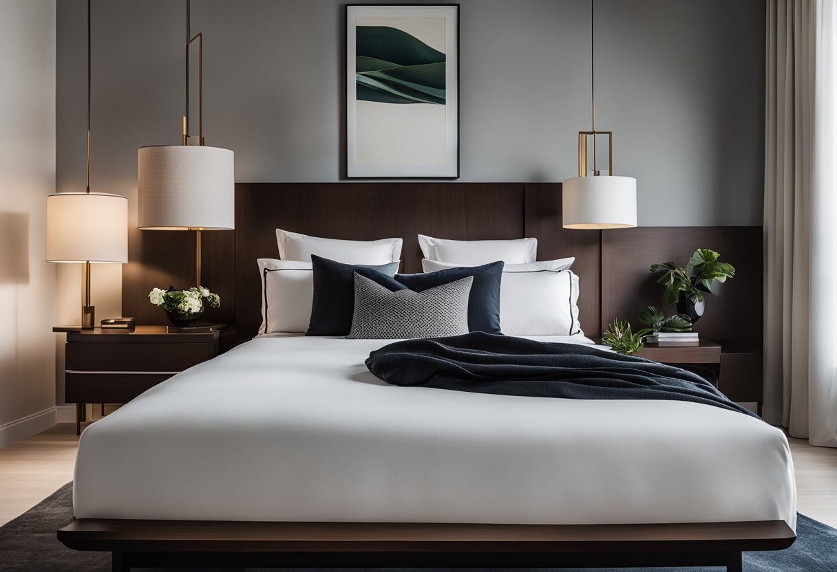 A sleek, modern bedroom with dark wood furniture, clean lines, and minimal decor. A large, comfortable bed with crisp white linens and a few masculine accents such as leather, metal, and rich, deep colors
