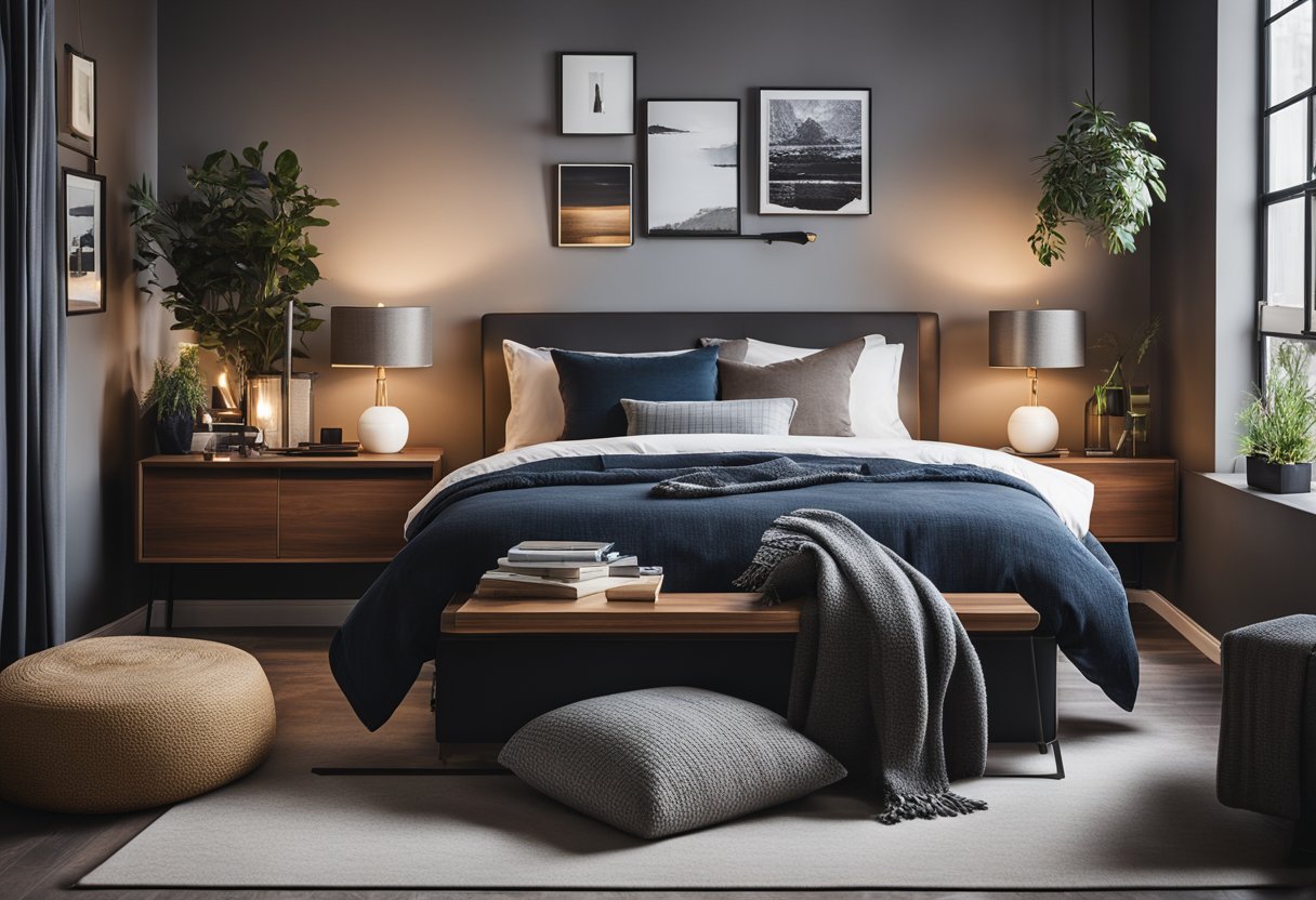 A young man's bedroom with modern decor, including a sleek desk with a computer, a cozy reading nook with a floor lamp, and a stylish bed with decorative pillows and a throw blanket