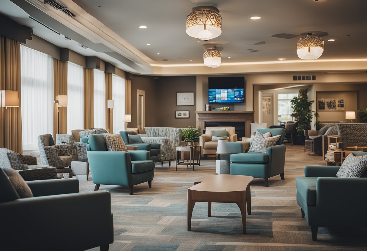 A cozy nursing home lounge with personalized artwork, comfortable seating, and communal activity areas