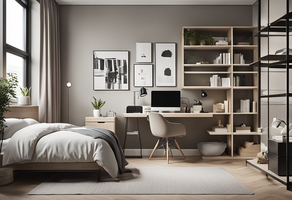 A modern, organized bedroom with a sleek desk, bookshelf, and cozy bed. Clean lines and neutral colors create a minimalist, yet inviting space