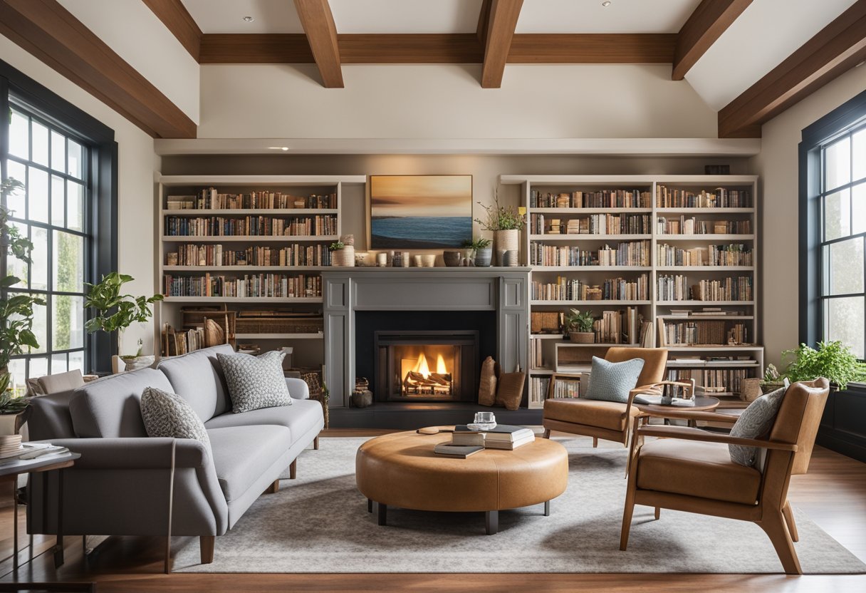 A bright and welcoming common area with comfortable seating, natural lighting, and vibrant artwork. A cozy library corner with shelves of books and a fireplace. A serene outdoor garden with accessible pathways and seating areas