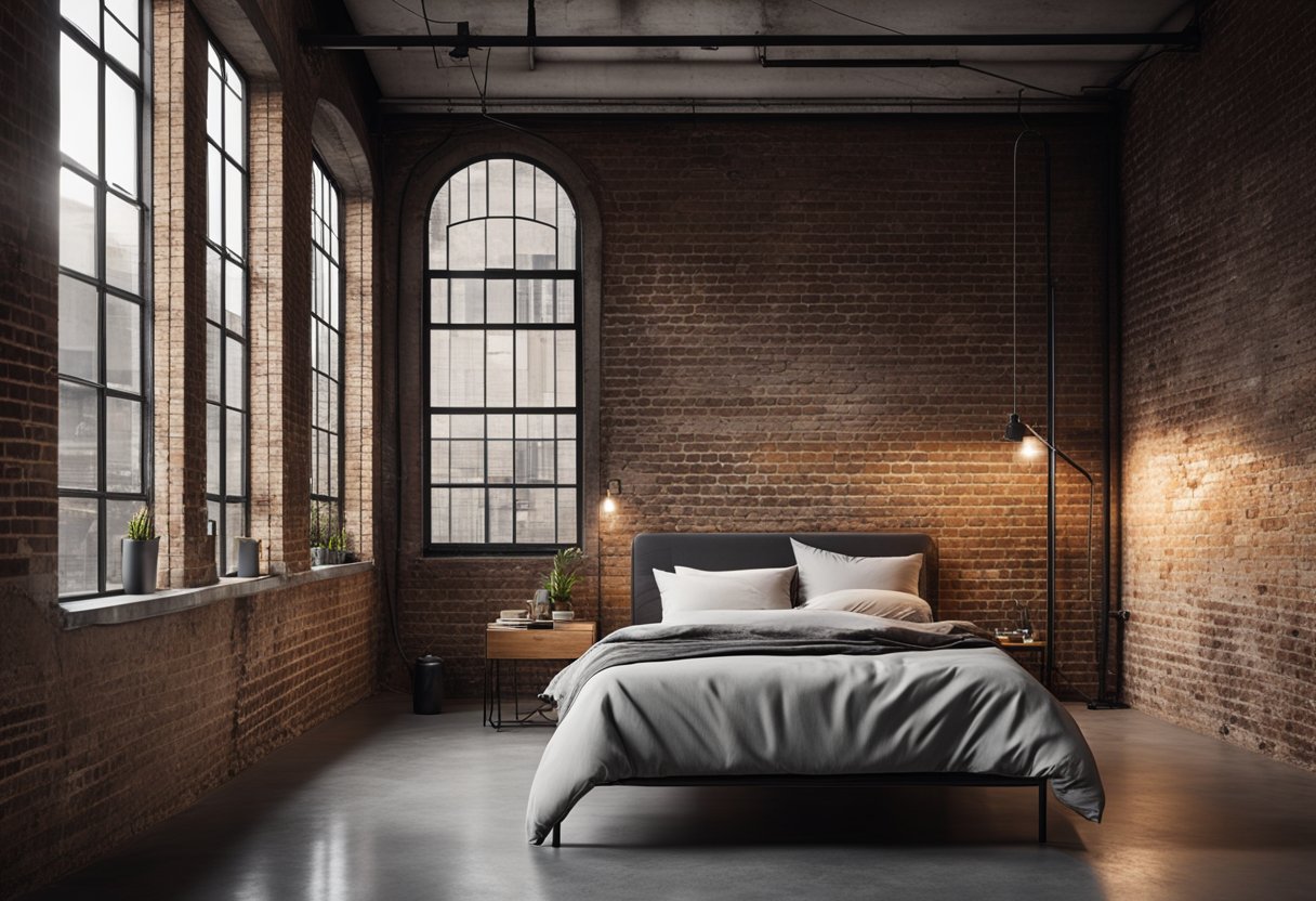 An industrial bedroom with exposed brick walls, metal bed frame, and minimalistic furniture. A large window allows natural light to fill the room, casting shadows on the concrete floors