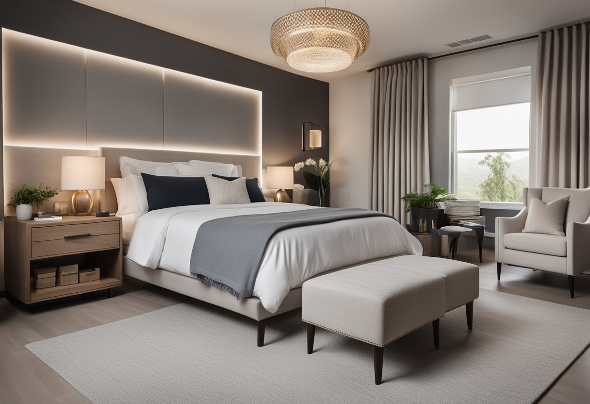 A spacious 3 to 4 room bedroom with modern furniture, soft lighting, and a neutral color palette. A large bed with cozy bedding sits in the center, surrounded by nightstands, a dresser, and a comfortable seating area