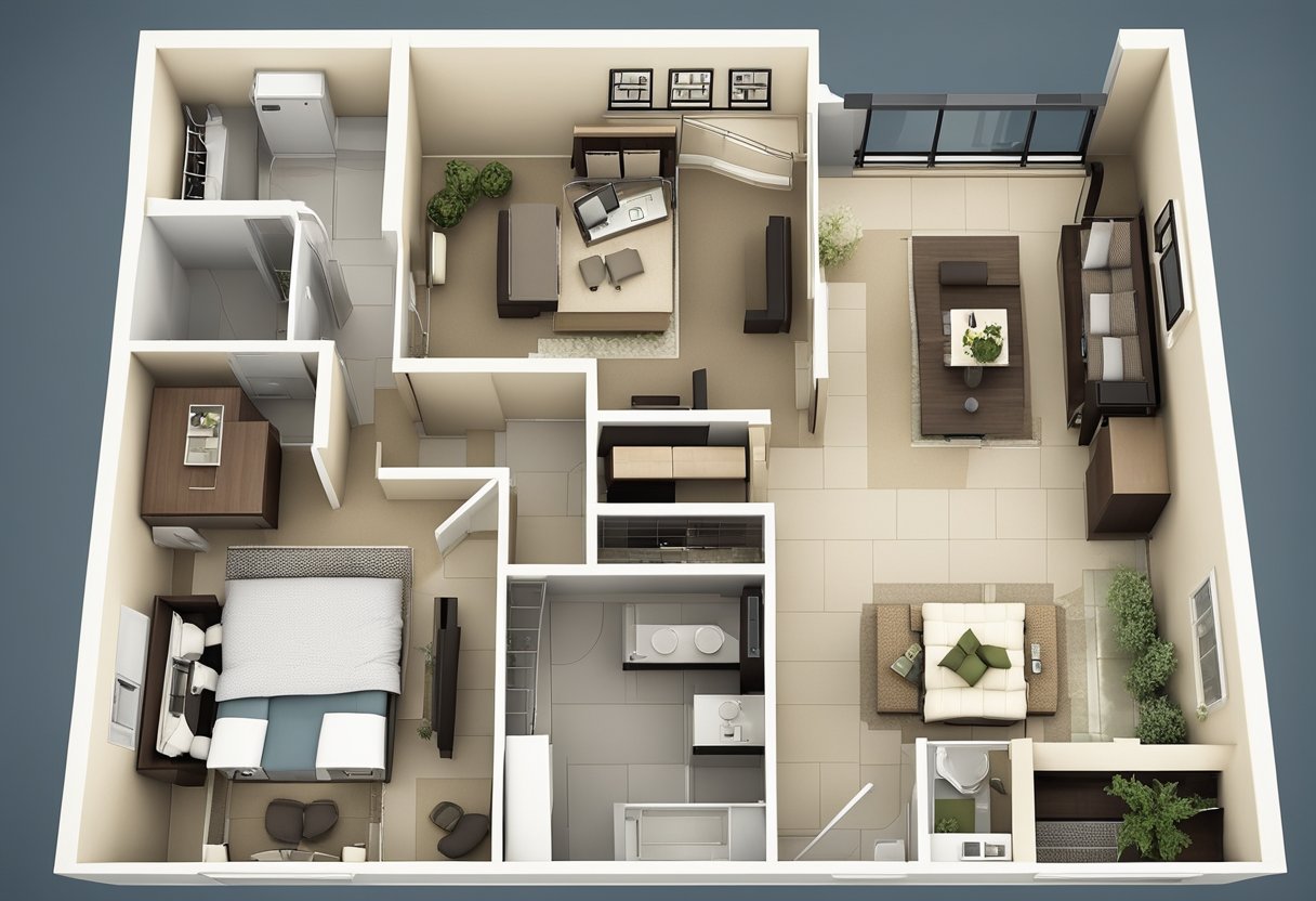 A compact living floor plan with small 2 bedroom house designs. Efficient use of space, open layout, and functional furniture placement
