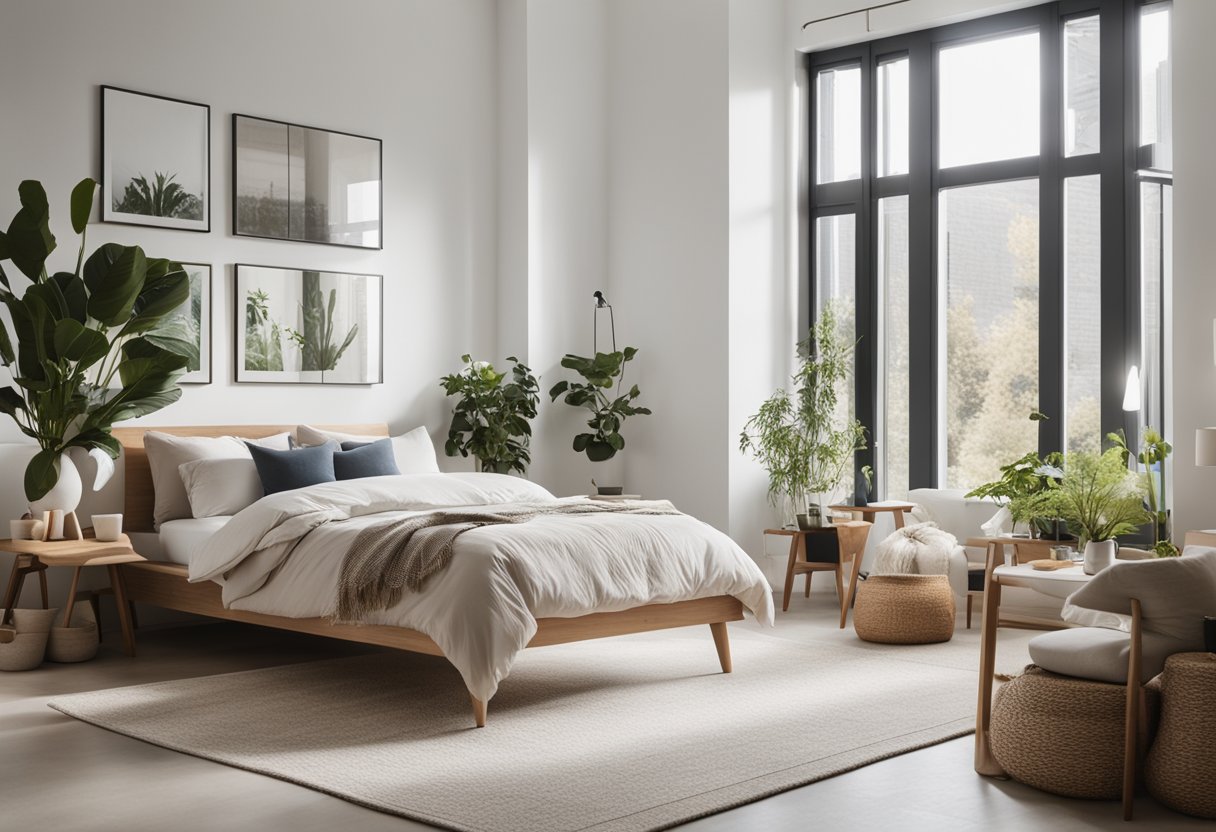 A bright, spacious 4-room bedroom with modern furniture, large windows, and a neutral color palette. Cozy textiles, plants, and minimal decor add warmth and personality to the room