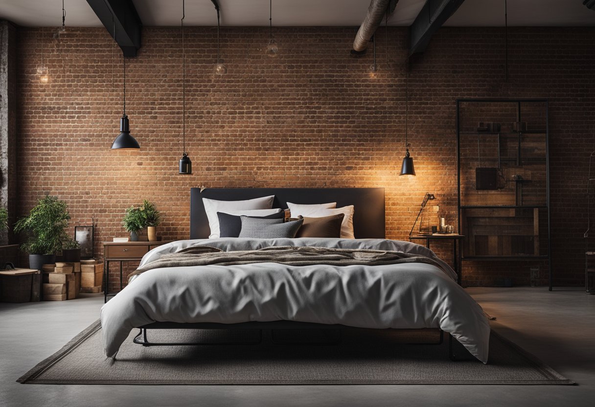 An exposed brick wall, metal bed frame, and vintage industrial lighting create the aesthetic of an industrial bedroom design