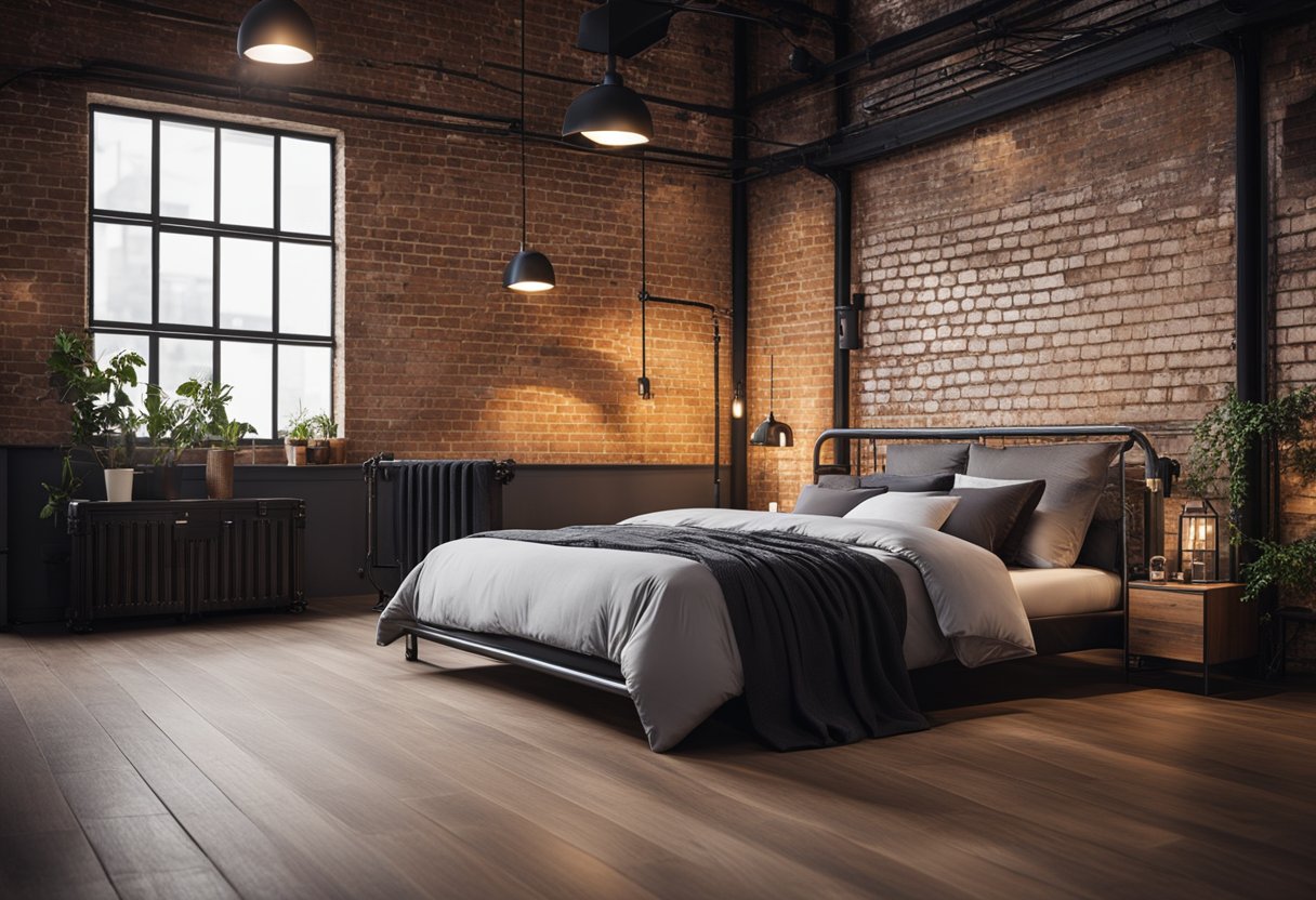 An industrial bedroom with metal bed frame, exposed brick wall, wooden flooring, and minimalist lighting
