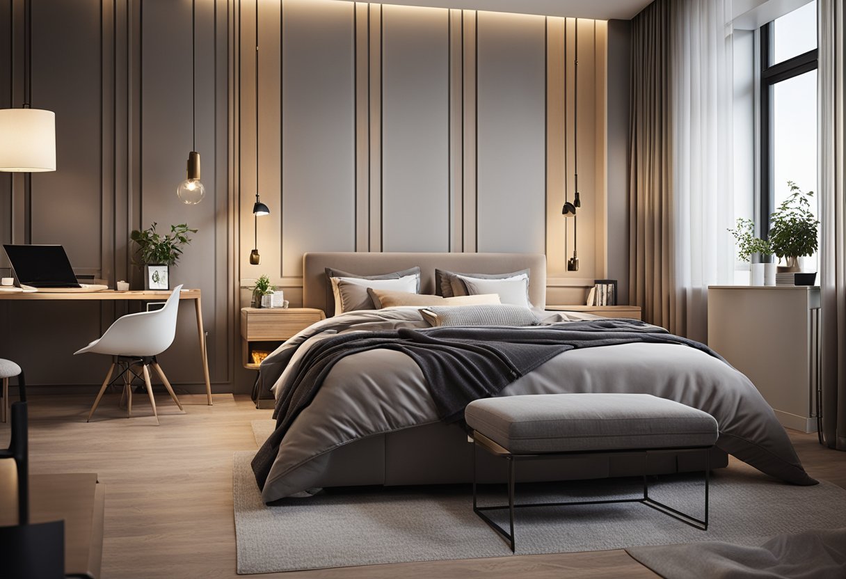 A cozy 4-room bedroom with modern furniture and warm lighting. A large bed with plush pillows, a spacious wardrobe, and a study area with a sleek desk and chair