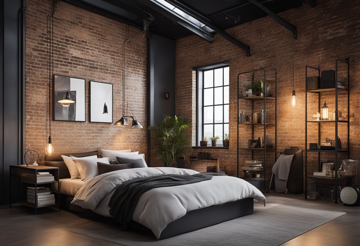An industrial bedroom with metal bed frame, exposed brick walls, Edison bulb lighting, and minimalistic furniture