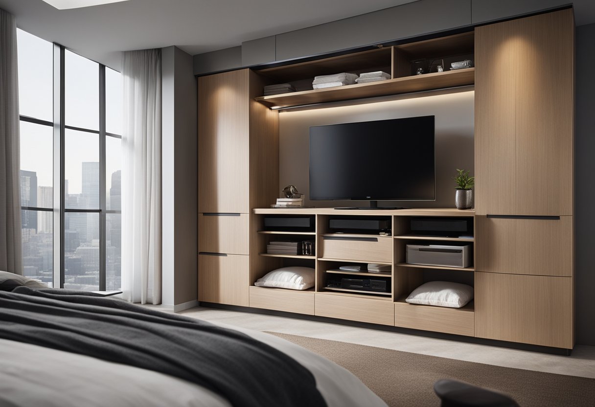 A sleek wall cabinet hangs above a bed, with clean lines and modern handles. The cabinet features open shelving and closed storage compartments, perfect for organizing bedroom essentials