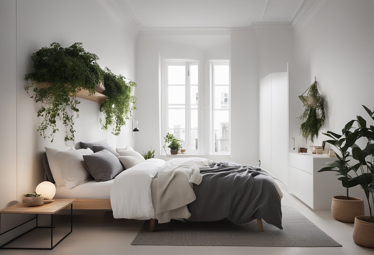 A white wall bedroom with minimal decor, a cozy bed, and soft lighting