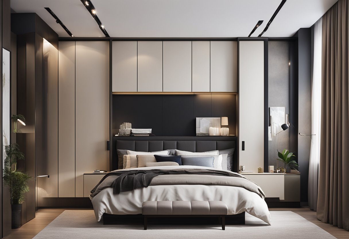 A wall cabinet hangs above a bed, maximizing space in the bedroom. Its sleek design and efficient use of space make it a stylish and practical addition to the room