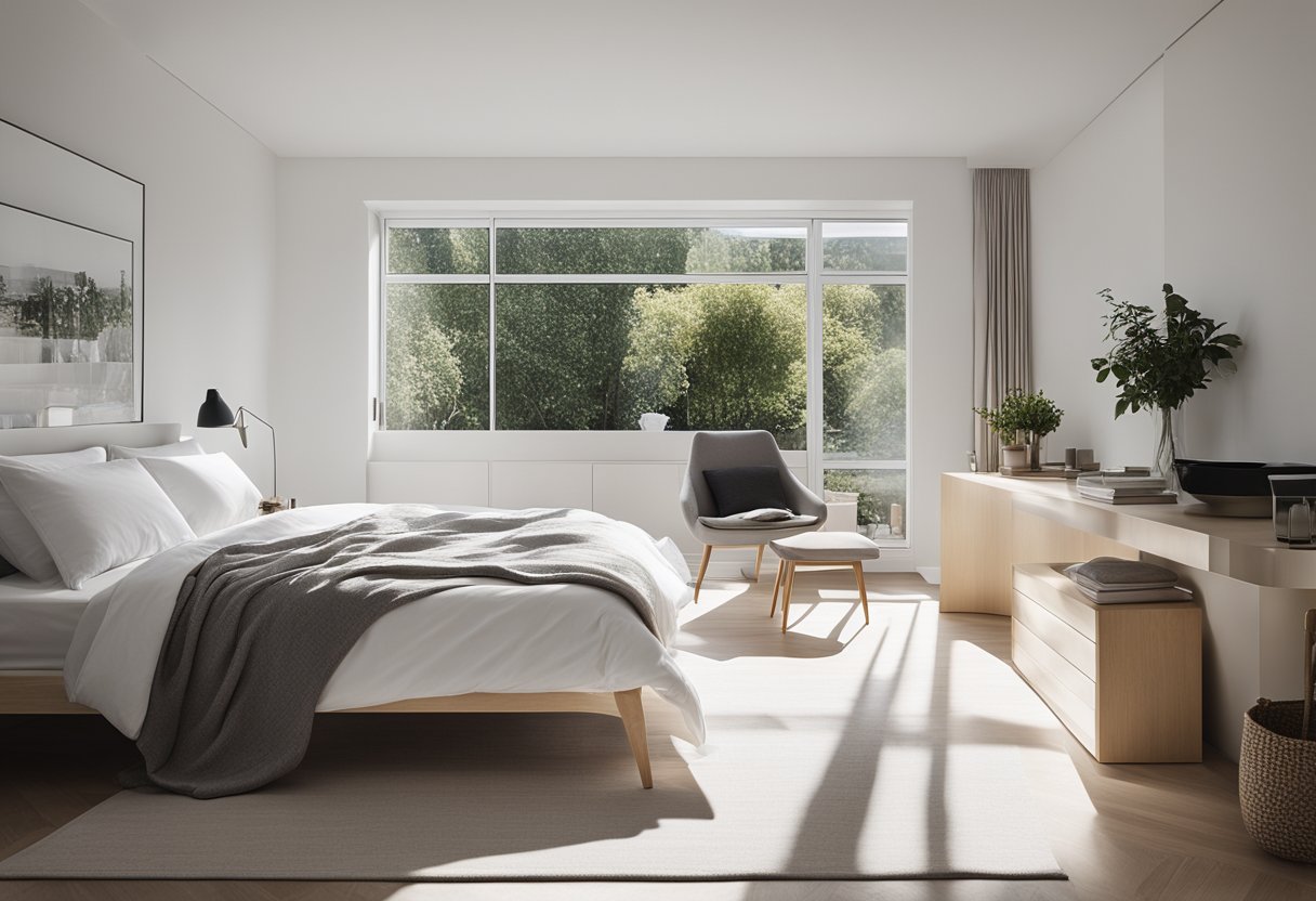 A simple white bedroom with minimal furniture and clean lines. A large window lets in natural light, illuminating the room