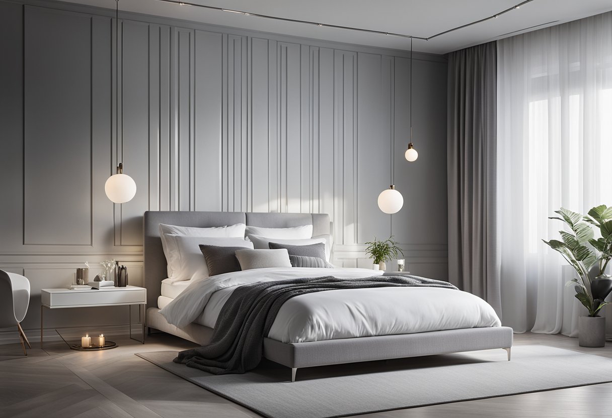 A white bedroom with a minimalist design, featuring a sleek bed with crisp white linens, a fluffy white rug, and a few carefully chosen decorative accents in shades of silver and grey