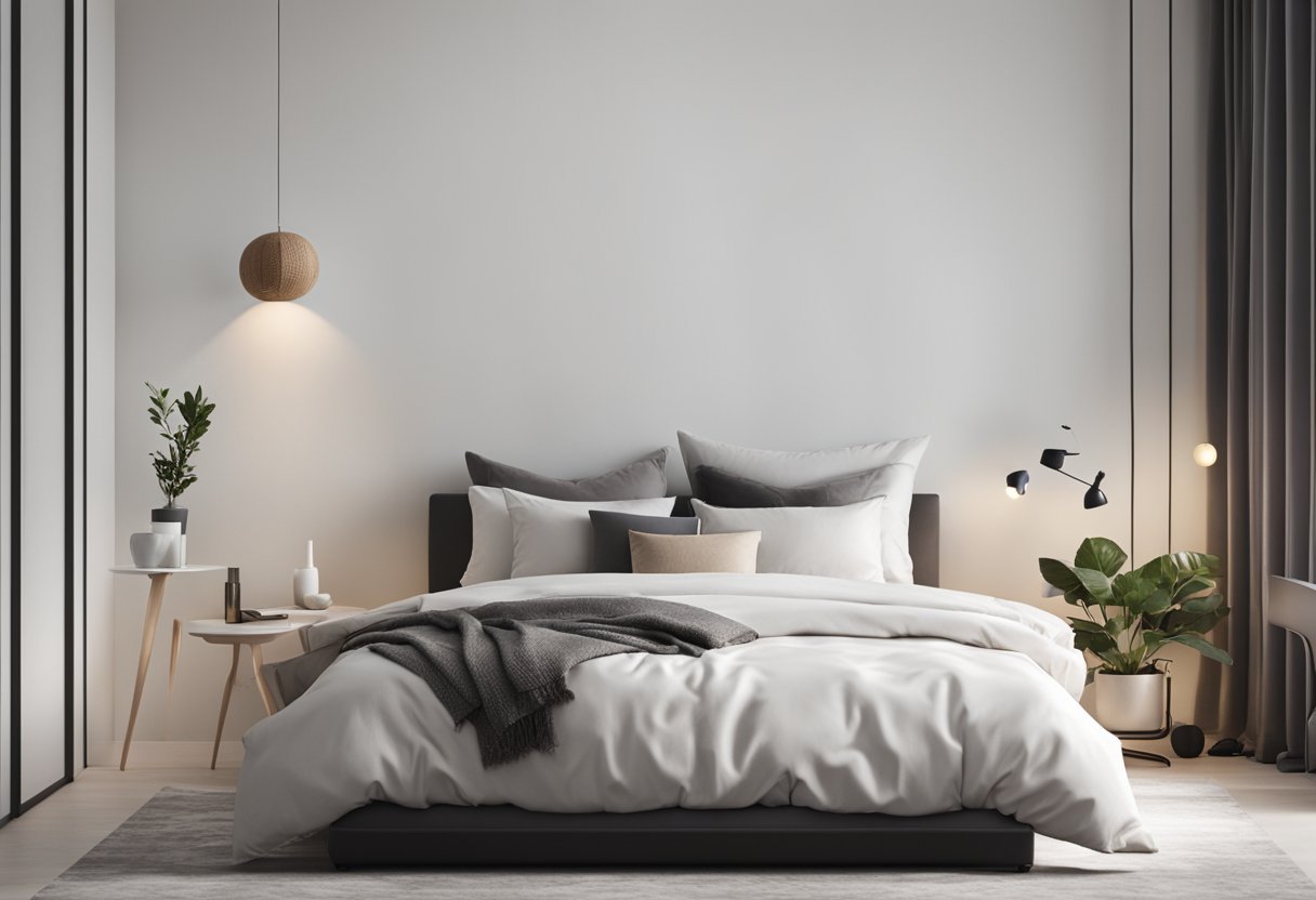 A clean, modern bedroom with a white wall, minimalistic furniture, and a cozy bed. The room exudes simplicity and tranquility, with a few decorative accents to add warmth