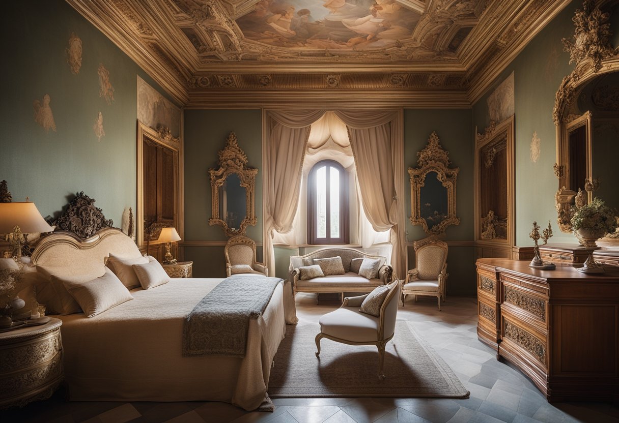 An Italian bedroom with ornate furniture, frescoed ceiling, and luxurious textiles