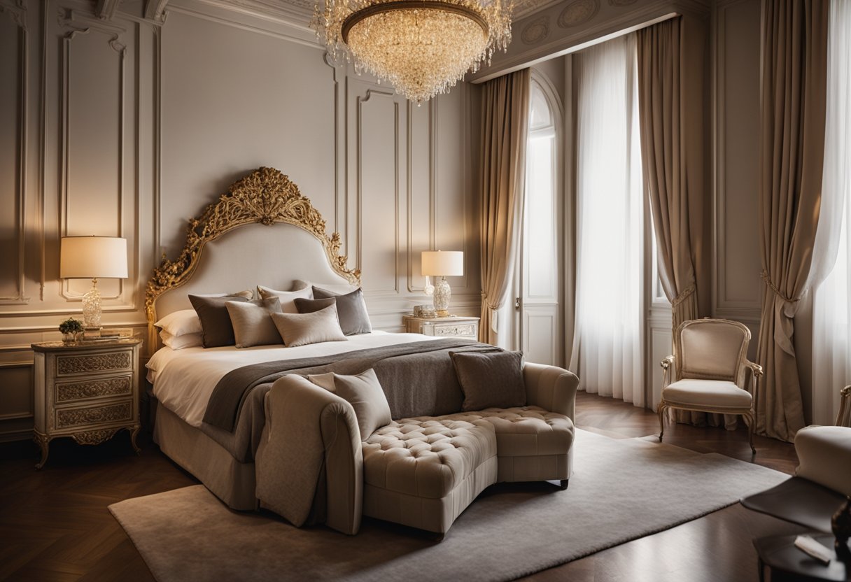 The Italian bedroom features ornate furniture, rich textiles, and elegant lighting. A grand bed with a carved headboard takes center stage, while luxurious curtains drape the windows, creating a sense of opulence and romance