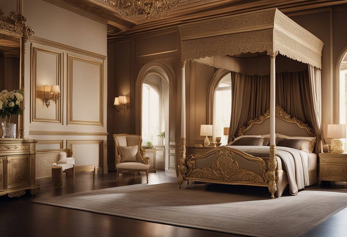 An Italian bedroom with ornate furniture, rich fabrics, and intricate design accents. The room features a grand canopy bed, elaborate wall moldings, and luxurious textiles in warm, rich colors
