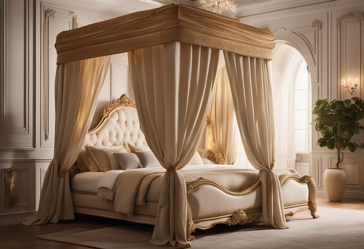 An elegant Italian bedroom with ornate furniture, luxurious fabrics, and a warm color palette. A large canopy bed serves as the focal point, surrounded by intricate details and soft lighting