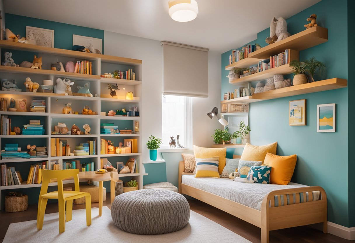 A small bedroom with vibrant colors, playful patterns, and versatile furniture to maximize space. Toys and books are neatly organized, and a cozy reading nook is nestled in the corner