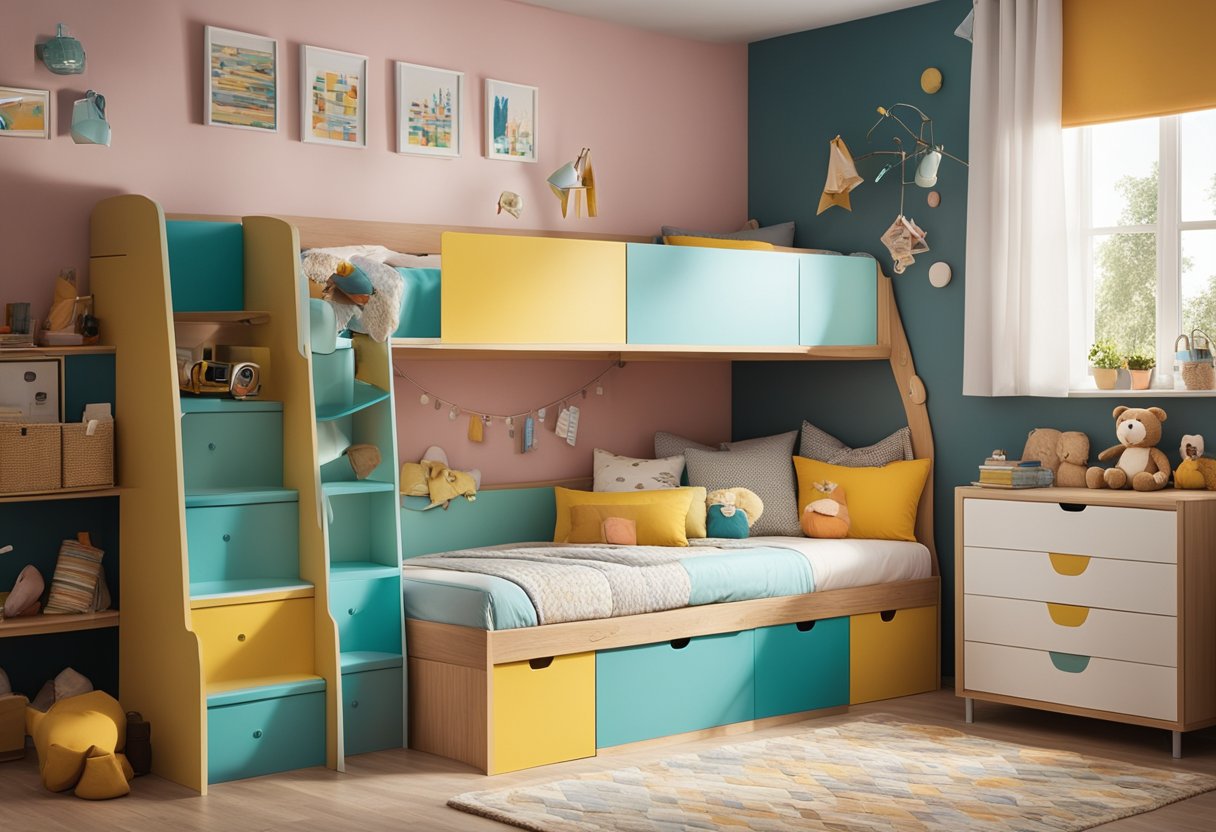A cozy, clutter-free kids bedroom with clever storage solutions and space-saving furniture. Bright colors and playful patterns create a fun and inviting atmosphere