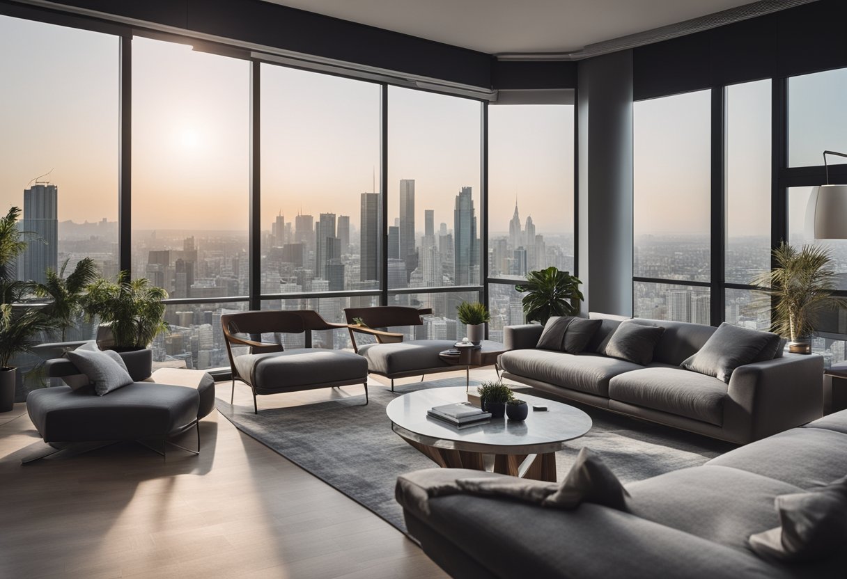 A spacious living room with a balcony, modern furniture, and large windows overlooking a city skyline