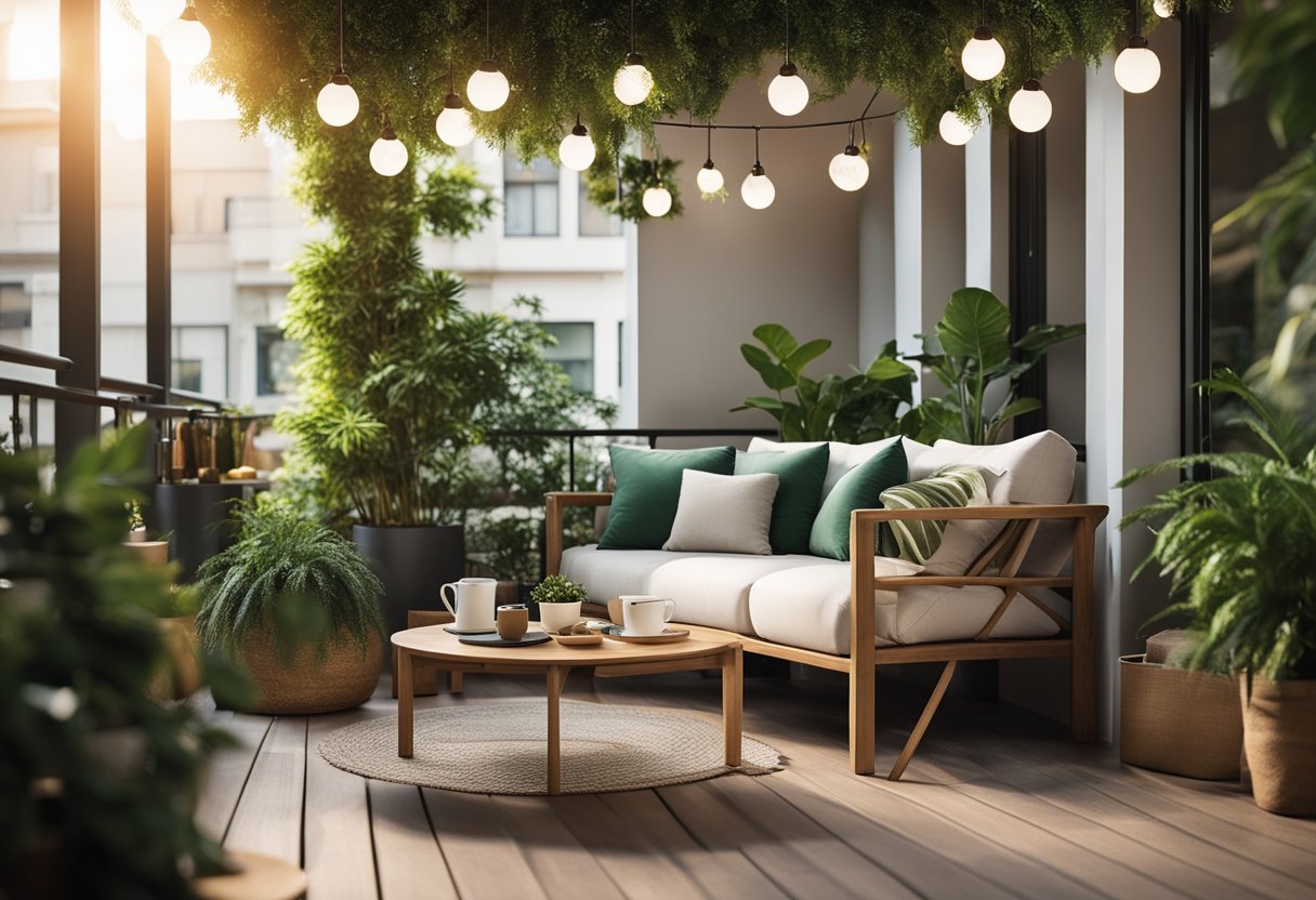 A cozy balcony with a sleek sofa, vibrant throw pillows, and a small coffee table. Lush green plants and hanging lights add a touch of nature and warmth to the space
